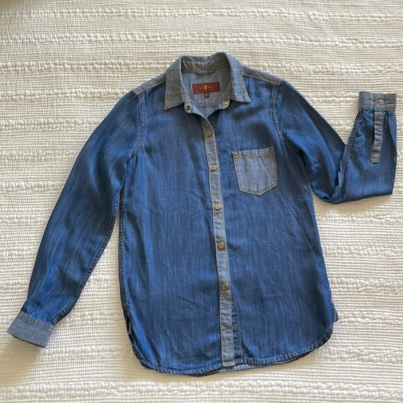 7 for All Mankind Denim Chambray Two Tone Snap Button Down Shirt Size XS - Picture 2 of 10